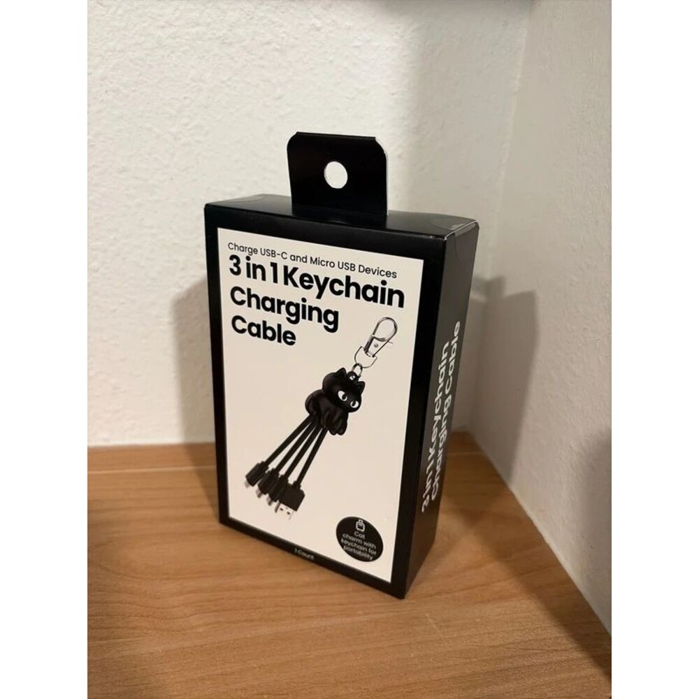 Black Cat 3-in-1 Keychain Charging Cable USB Multi-Device Portable Charger – New